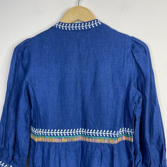 Boden Dakota Blue Linen Embroidered Long Sleeve Dress Artsy Boho Womens 4P 4 New - Picture 9 of 17